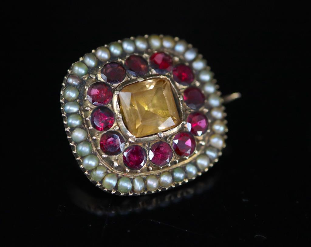 A Georgian gold, garnet, citrine and seed pearl set shaped square brooch,